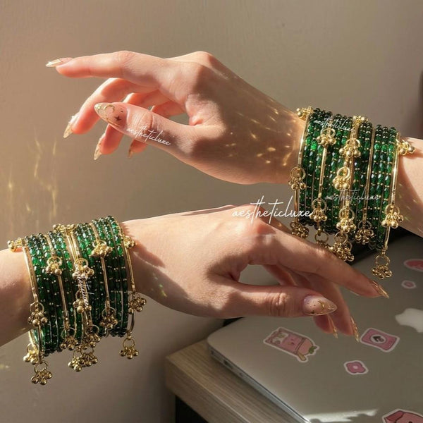 Green Kashmiri Ghungroo Bangles Set | Mehndi & Sangeet Bridal Churiya | Gold Ghungroo Bangles | Trending Green Glass Raindrop Bangles