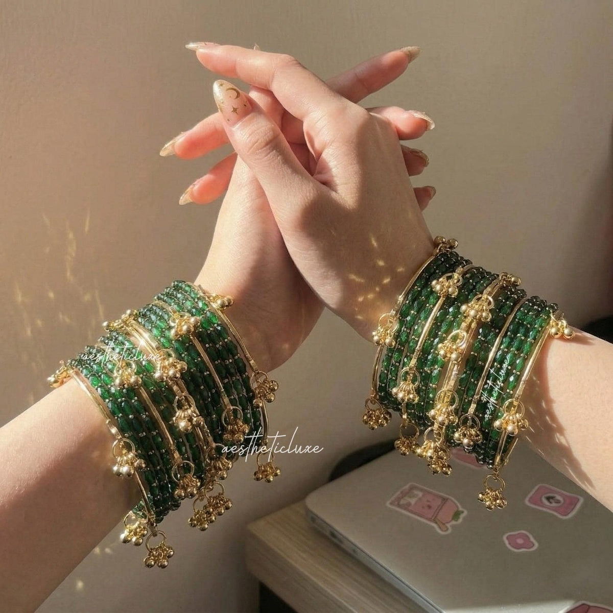 Green Kashmiri Ghungroo Bangles Set | Mehndi & Sangeet Bridal Churiya | Gold Ghungroo Bangles | Trending Green Glass Raindrop Bangles