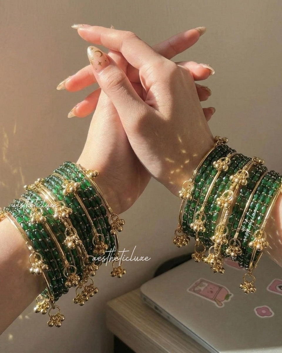 Green Kashmiri Ghungroo Bangles Set | Mehndi & Sangeet Bridal Churiya | Gold Ghungroo Bangles | Trending Green Glass Raindrop Bangles