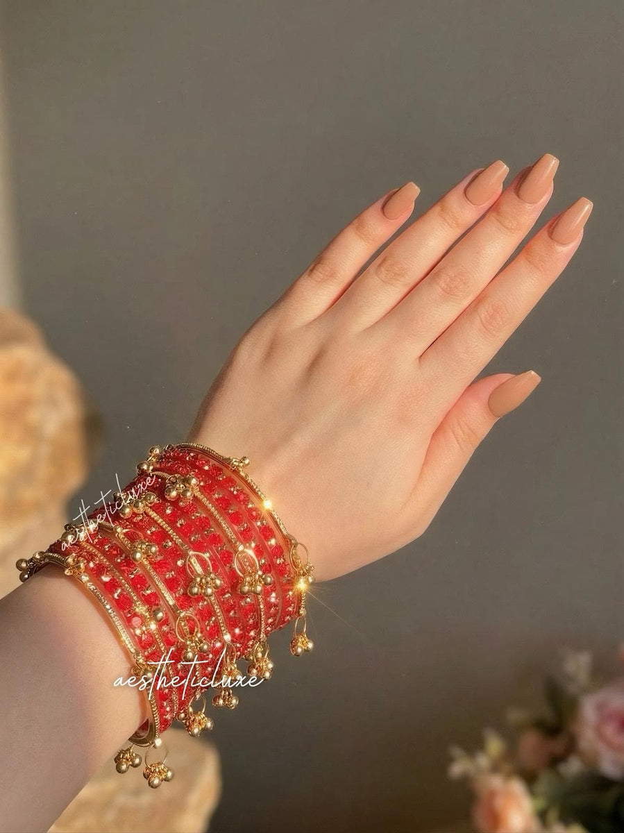 Red Kashmiri Ghungroo Bangles Set | Trending Bangles With Red Rose Pattern Detailing | Red Glass Bridal Churiya | Ghungroo Gold Bangles
