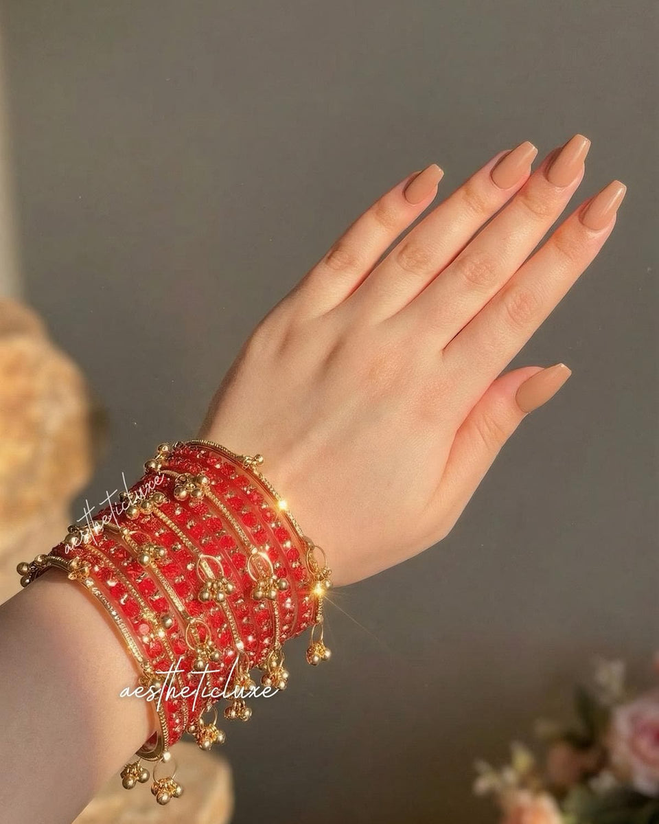 Red Kashmiri Ghungroo Bangles Set | Trending Bangles With Red Rose Pattern Detailing | Red Glass Bridal Churiya | Ghungroo Gold Bangles