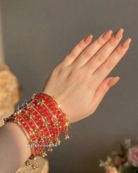 Red Kashmiri Ghungroo Bangles Set | Trending Bangles With Red Rose Pattern Detailing | Red Glass Bridal Churiya | Ghungroo Gold Bangles