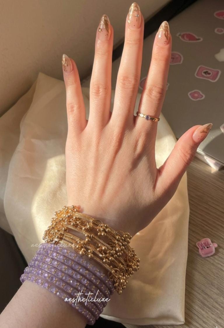 Lavender Glass Bangles Set | Kashmiri Gold & Silver Ghungroo Bangles  | Purple Glass Bridal Bangles | Rose Pattern Raindrop Bangle