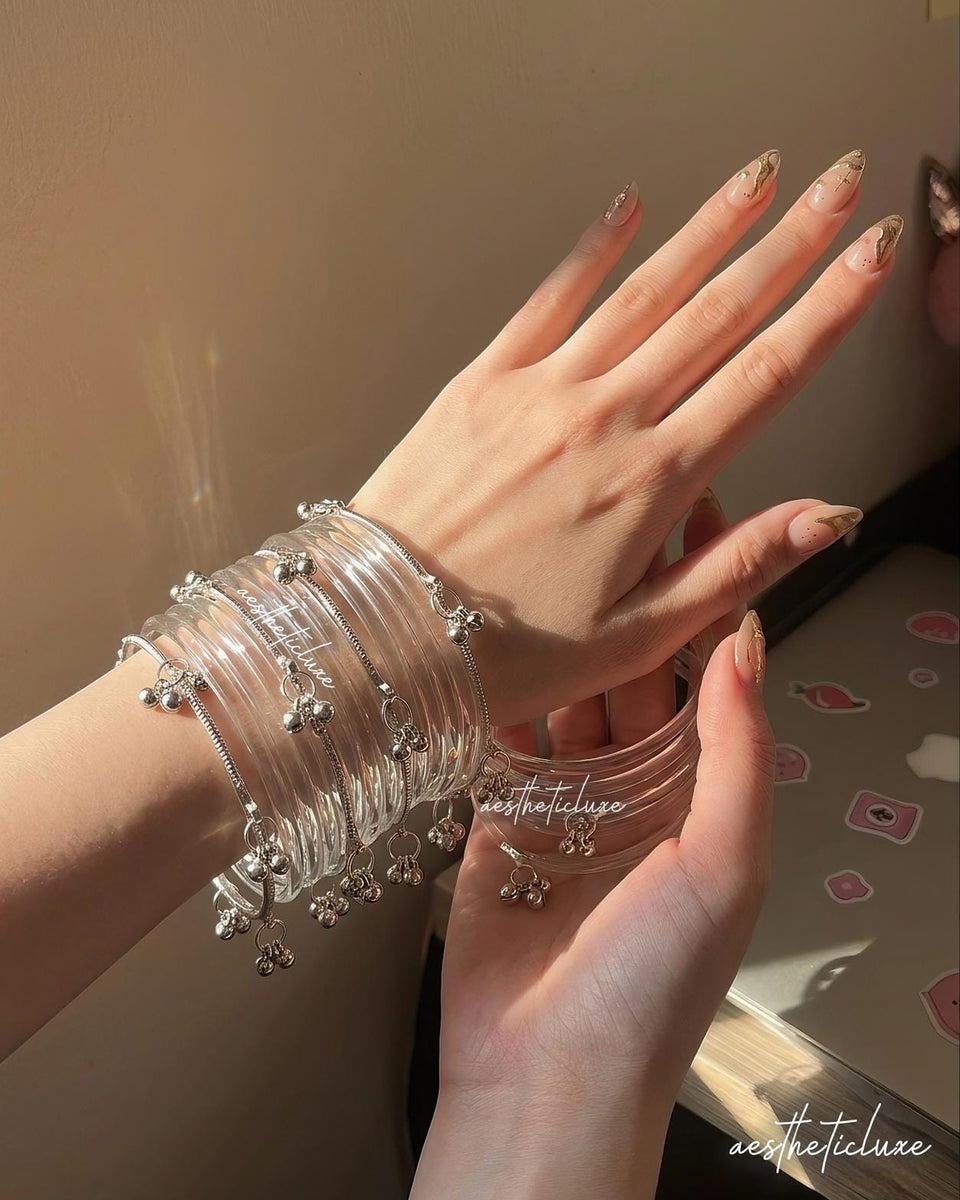 Jelly Glass Bangles Set | Transparent Jelly Glass Bangles Set | Kashmiri Silver Ghungroo Bangles | Glass Bridal Bangles  | Clear Bangles Set