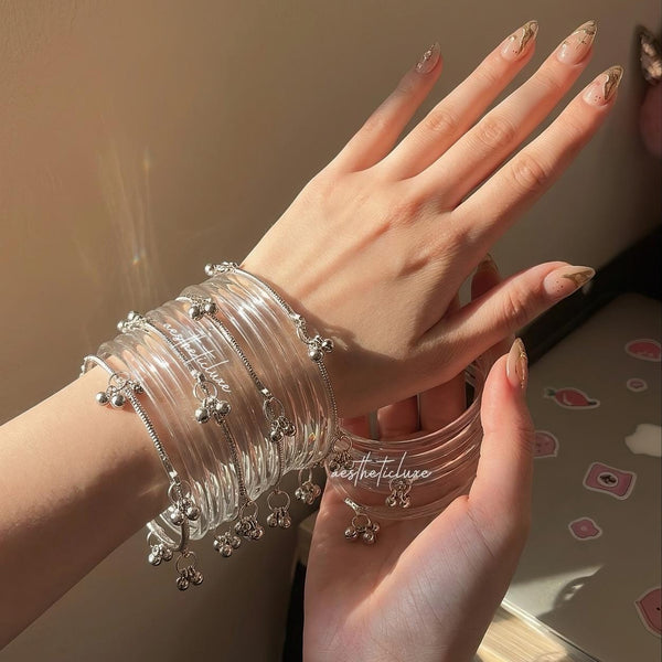 Jelly Glass Bangles Set | Transparent Jelly Glass Bangles Set | Kashmiri Silver Ghungroo Bangles | Glass Bridal Bangles  | Clear Bangles Set