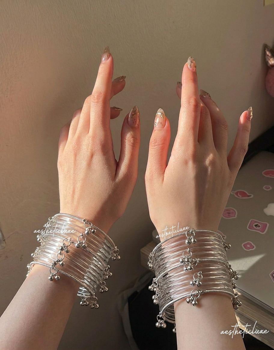 Jelly Glass Bangles Set | Transparent Jelly Glass Bangles Set | Kashmiri Silver Ghungroo Bangles | Glass Bridal Bangles  | Clear Bangles Set