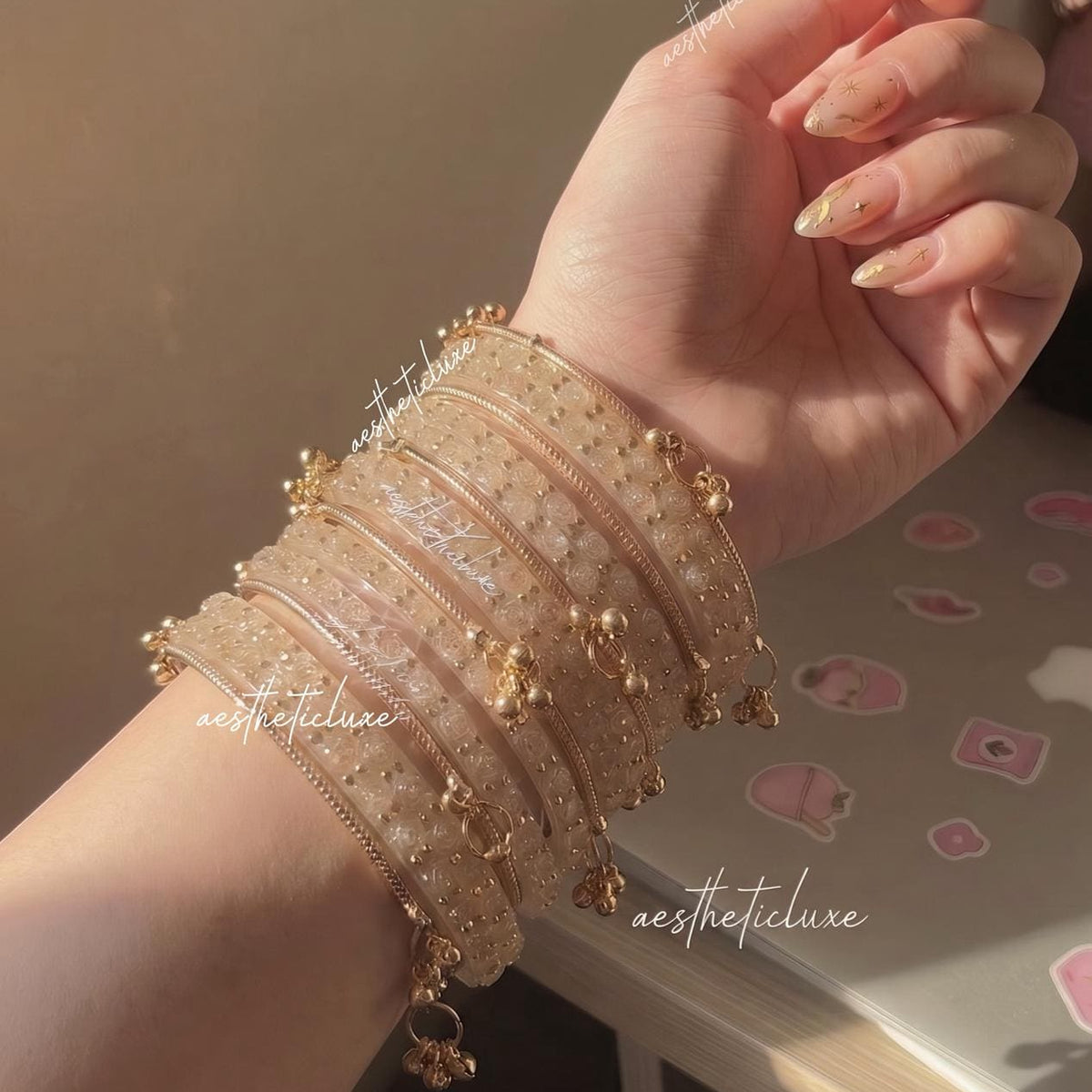 Beige Glass Bangles Set | Kashmiri Gold Ghungroo Bangles  | Light Golden Glass Bridal Bangles | Rose Pattern Raindrop Bangle