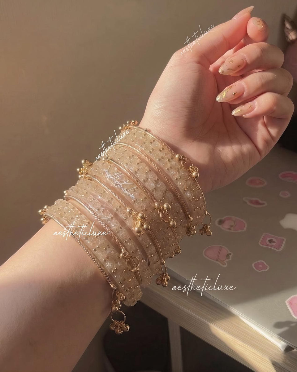 Beige Glass Bangles Set | Kashmiri Gold Ghungroo Bangles  | Light Golden Glass Bridal Bangles | Rose Pattern Raindrop Bangle