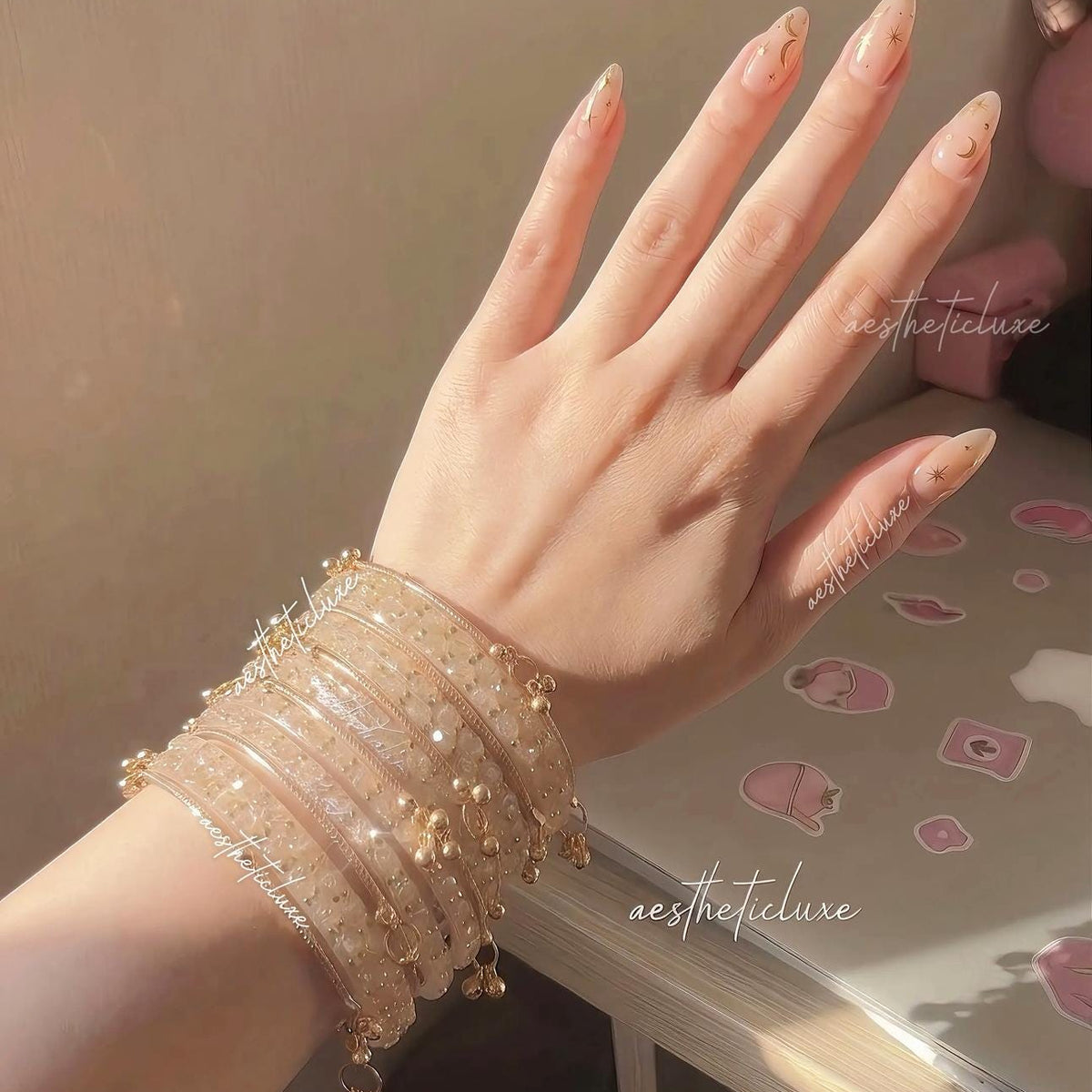 Beige Glass Bangles Set | Kashmiri Gold Ghungroo Bangles  | Light Golden Glass Bridal Bangles | Rose Pattern Raindrop Bangle