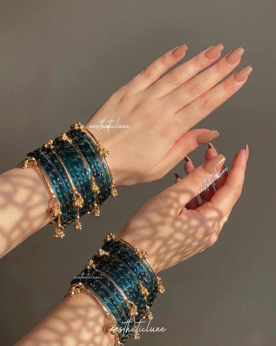 Dark Blue Kashmiri Ghungroo Bangles Set | Ghungroo Gold Bangles | Blue Glass Bridal Churiya |  Trending Raindrop Bangles