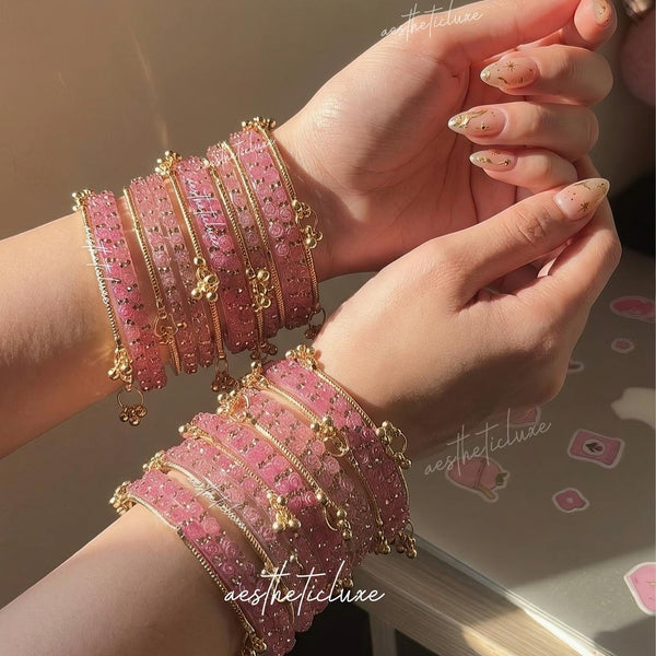 Pink Kashmiri Ghungroo Bangles Set | Ghungroo Gold Bangles | Pink Glass Bridal Churiya |  Trending Bangles With Rose Pattern Detailing