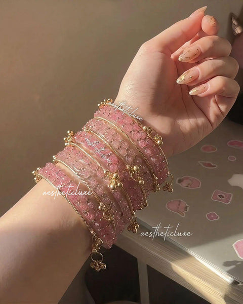 Pink Kashmiri Ghungroo Bangles Set | Ghungroo Gold Bangles | Pink Glass Bridal Churiya |  Trending Bangles With Rose Pattern Detailing