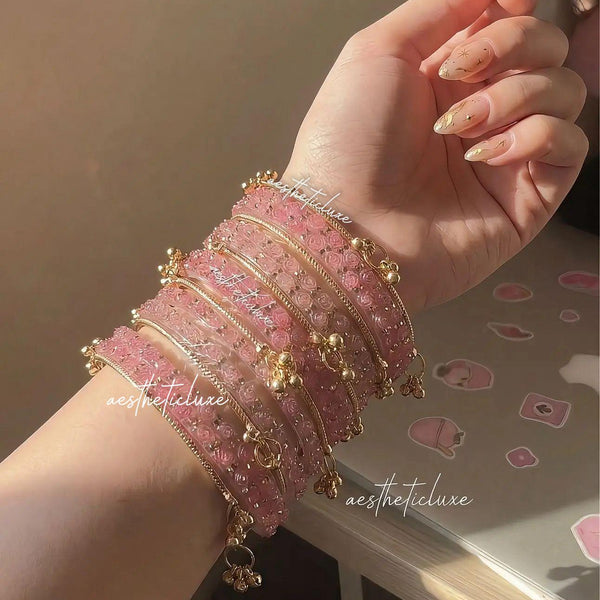 Pink Kashmiri Ghungroo Bangles Set | Ghungroo Gold Bangles | Pink Glass Bridal Churiya |  Trending Bangles With Rose Pattern Detailing