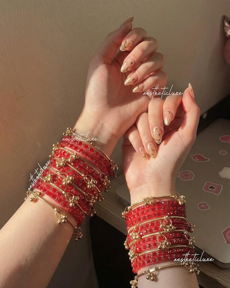 Red Kashmiri Ghungroo Bangles Set | Trending Bangles With Red Rose Pattern Detailing | Red Glass Bridal Churiya | Ghungroo Gold Bangles