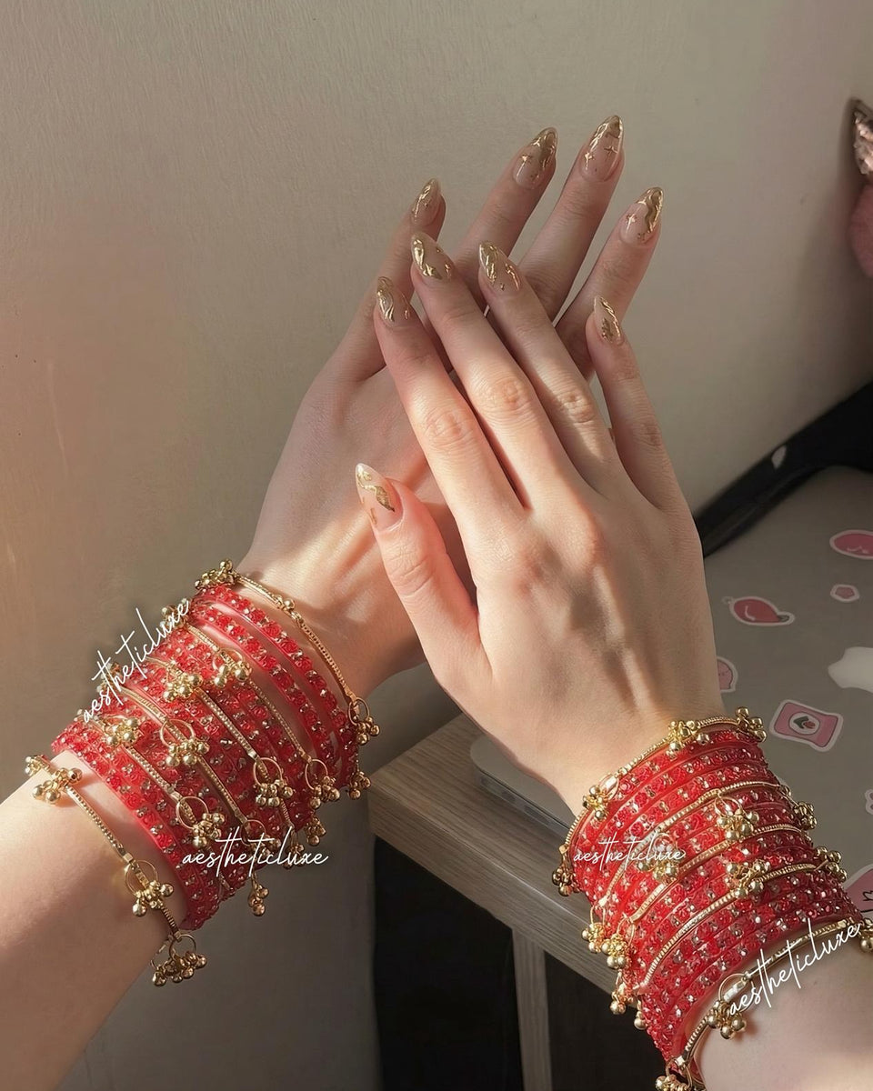 Red Kashmiri Ghungroo Bangles Set | Trending Bangles With Red Rose Pattern Detailing | Red Glass Bridal Churiya | Ghungroo Gold Bangles