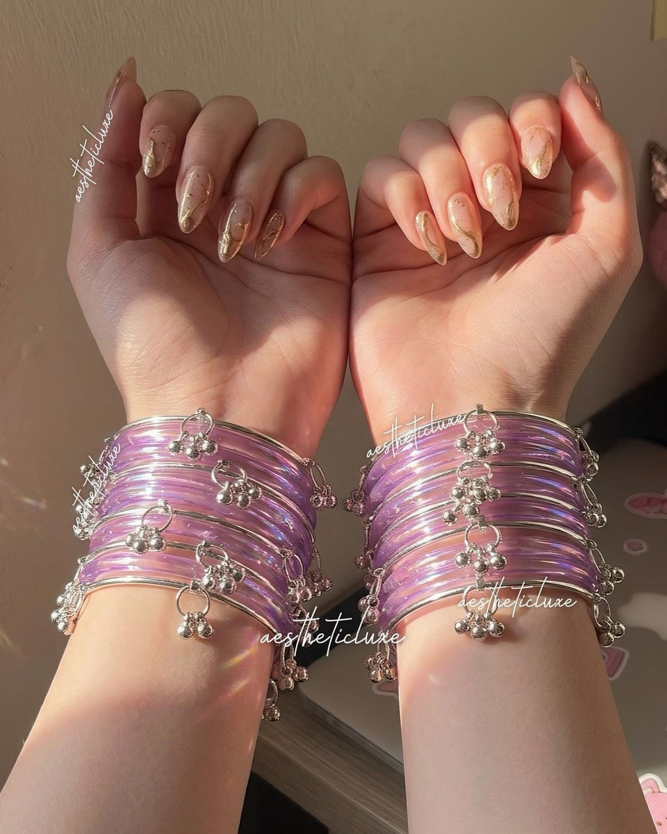 Purple Jelly Glass Bangles | Lavender Jelly Glass Bangles Set | Kashmiri Silver Ghungroo Bangles | Purple Glass Bangles  | Clear Bangles Set