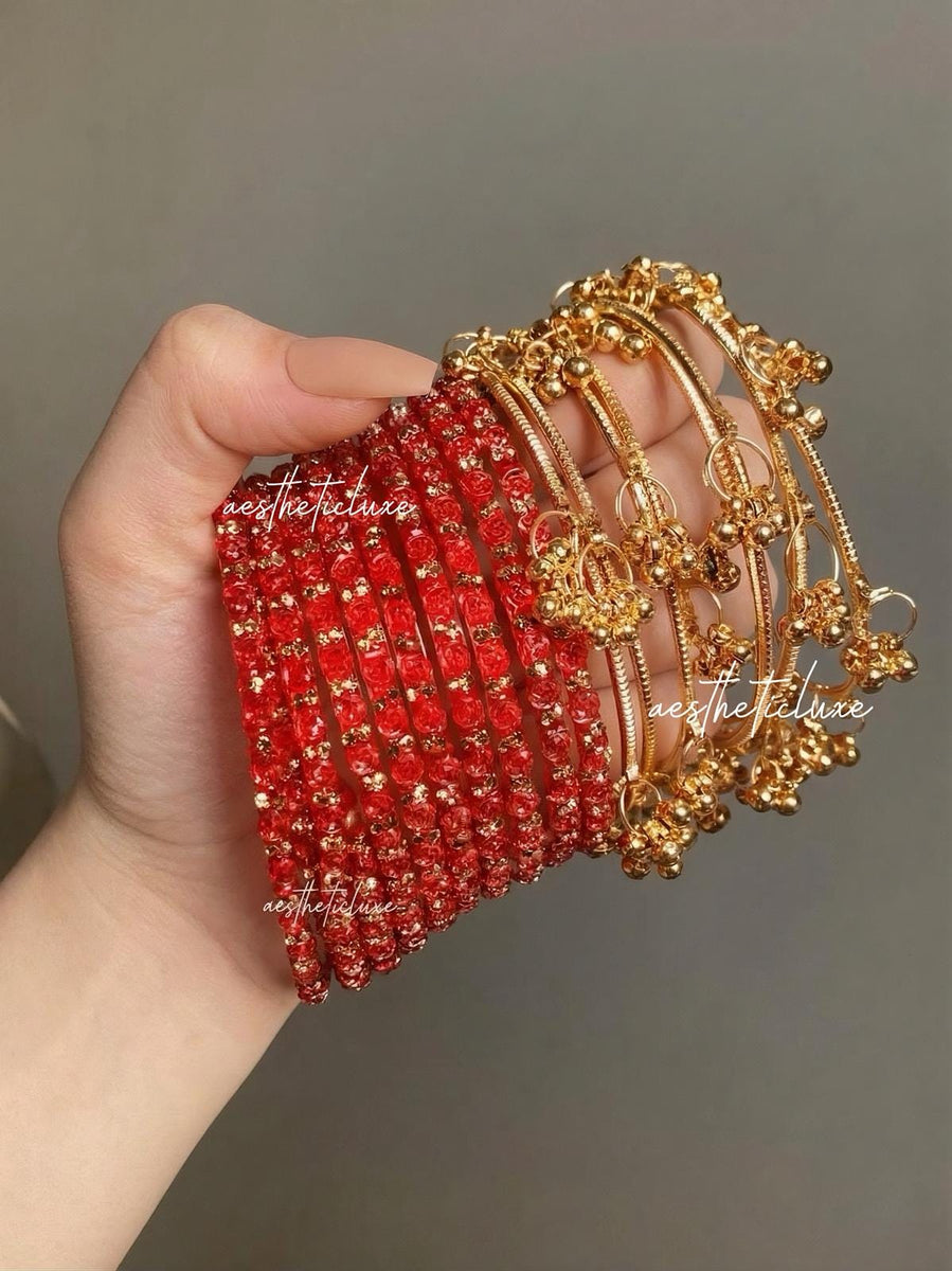 Red Kashmiri Ghungroo Bangles Set | Trending Bangles With Red Rose Pattern Detailing | Red Glass Bridal Churiya | Ghungroo Gold Bangles