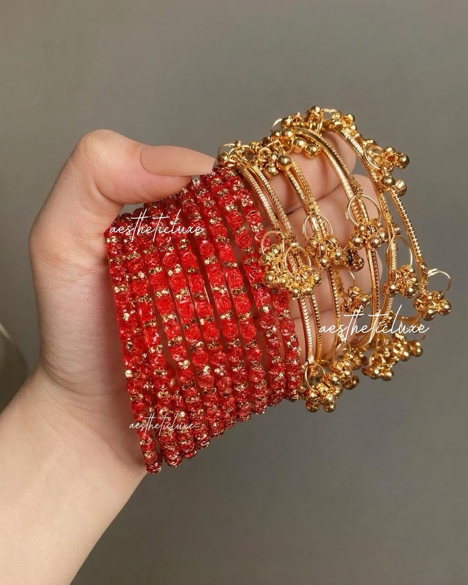 Red Kashmiri Ghungroo Bangles Set | Trending Bangles With Red Rose Pattern Detailing | Red Glass Bridal Churiya | Ghungroo Gold Bangles
