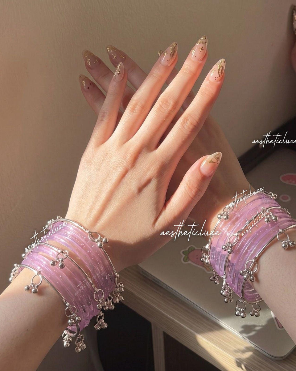 Purple Jelly Glass Bangles | Lavender Jelly Glass Bangles Set | Kashmiri Silver Ghungroo Bangles | Purple Glass Bangles  | Clear Bangles Set