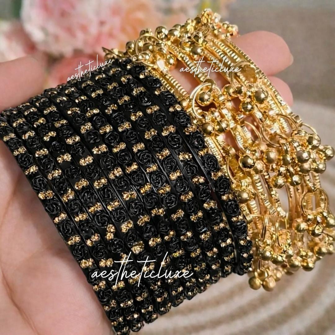 Black Rose Kashmiri Ghungroo Bangles Set | Ghungroo Gold Bangles | Black Glass Bridal Churiya |  Trending Bangles With Rose Pattern