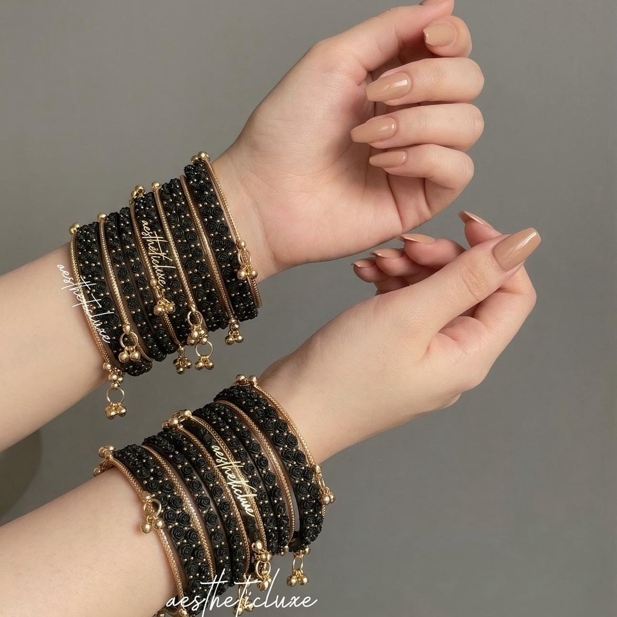 Black Rose Kashmiri Ghungroo Bangles Set | Ghungroo Gold Bangles | Black Glass Bridal Churiya |  Trending Bangles With Rose Pattern