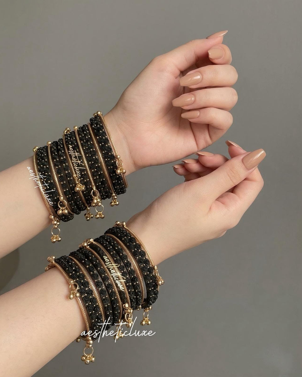 Black Rose Kashmiri Ghungroo Bangles Set | Ghungroo Gold Bangles | Black Glass Bridal Churiya |  Trending Bangles With Rose Pattern