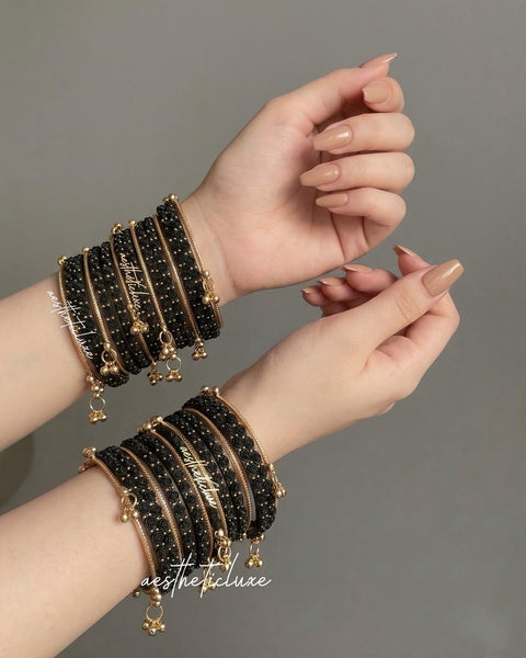 Black Rose Kashmiri Ghungroo Bangles Set | Ghungroo Gold Bangles | Black Glass Bridal Churiya |  Trending Bangles With Rose Pattern