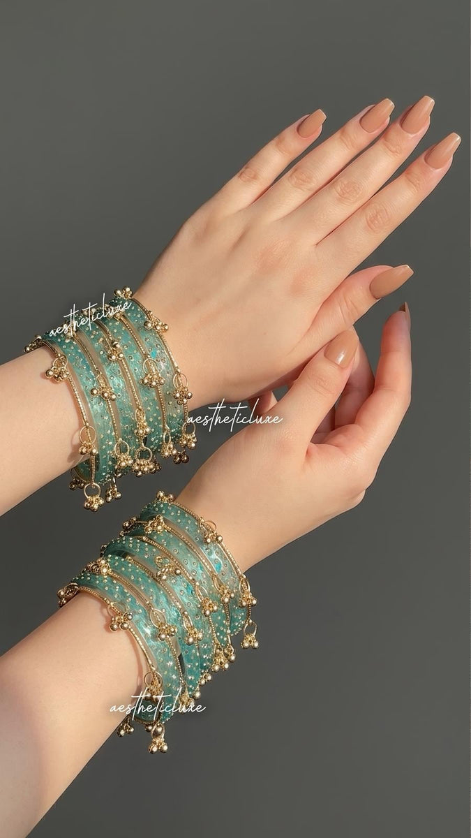 Turquoise Kashmiri Ghungroo Bangles Set | Ghungroo Gold Bangles | Aqua Blue Glass Bridal Churiya |  Trending Kashmiri Glass Bangles