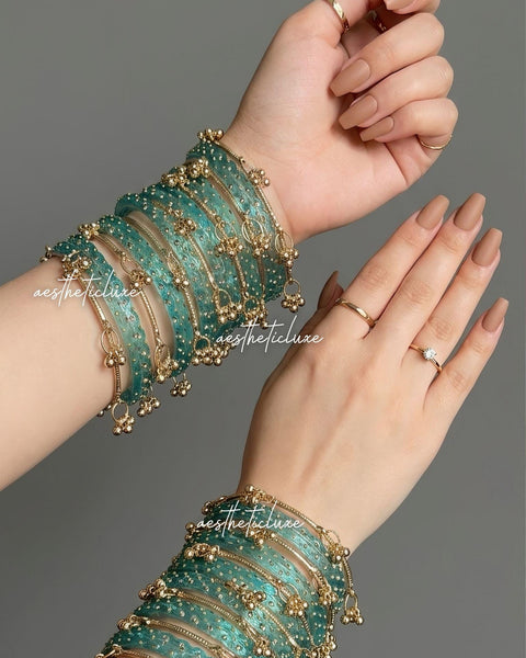 Turquoise Kashmiri Ghungroo Bangles Set | Ghungroo Gold Bangles | Aqua Blue Glass Bridal Churiya |  Trending Kashmiri Glass Bangles
