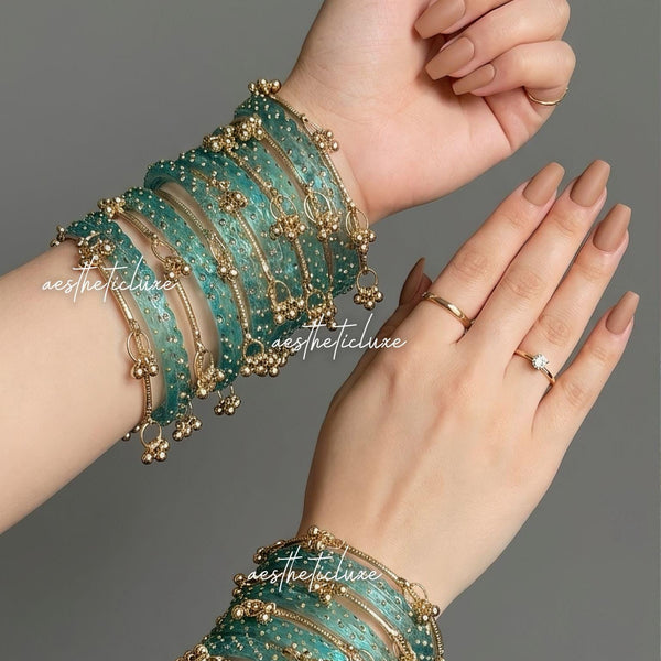 Turquoise Kashmiri Ghungroo Bangles Set | Ghungroo Gold Bangles | Aqua Blue Glass Bridal Churiya |  Trending Kashmiri Glass Bangles