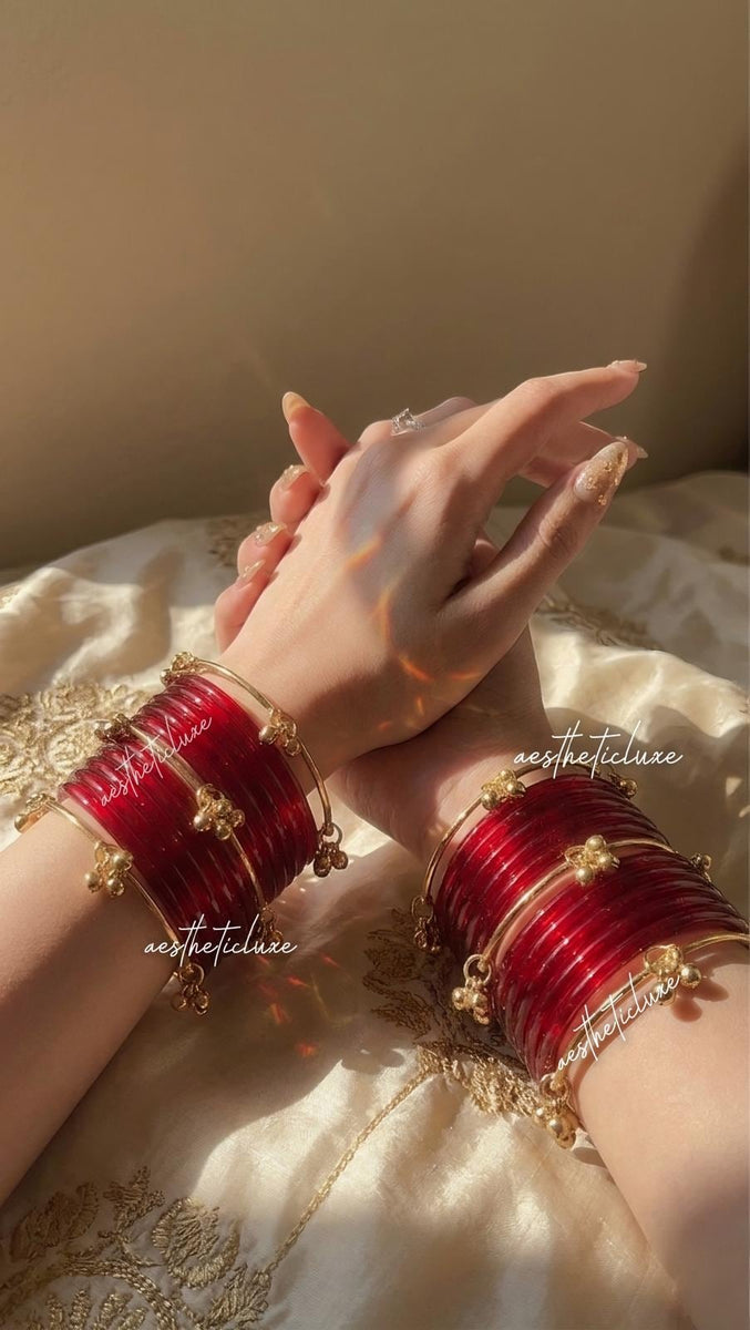 Red Jelly Glass Bangles | Red Jelly Bangles Set | Kashmiri Gold Ghungroo Bangles | Cherry Red Glass Bangles  | Water Bangles