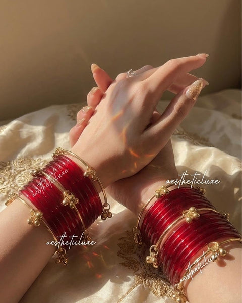 Red Jelly Glass Bangles | Red Jelly Bangles Set | Kashmiri Gold Ghungroo Bangles | Cherry Red Glass Bangles  | Water Bangles