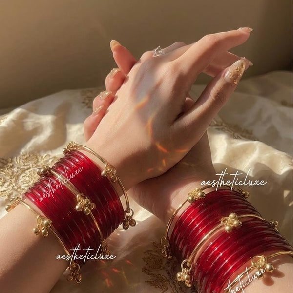 Red Jelly Glass Bangles | Red Jelly Bangles Set | Kashmiri Gold Ghungroo Bangles | Cherry Red Glass Bangles  | Water Bangles