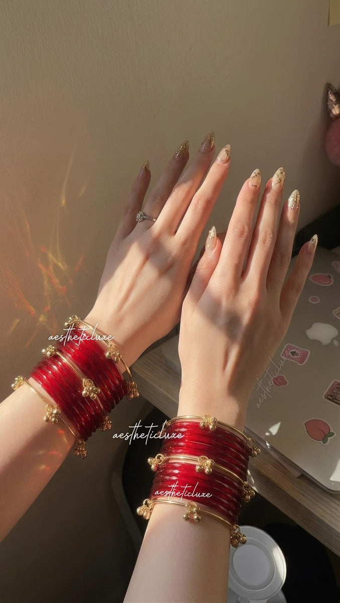 Red Jelly Glass Bangles | Red Jelly Bangles Set | Kashmiri Gold Ghungroo Bangles | Cherry Red Glass Bangles  | Water Bangles