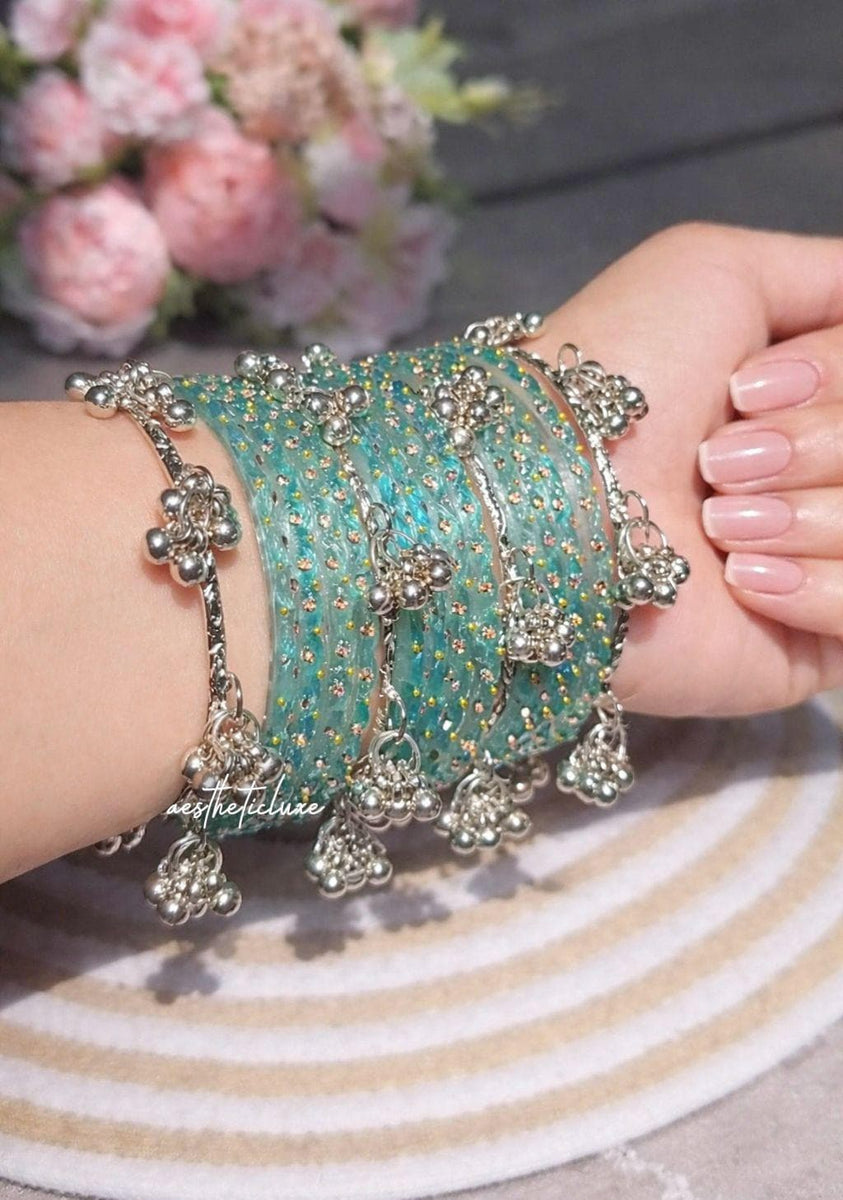Turquoise Kashmiri Ghungroo Bangles Set | Ghungroo Silver Bangles | Aqua Blue Glass Bridal Churiya |  Trending Bangles