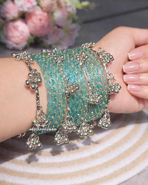 Turquoise Kashmiri Ghungroo Bangles Set | Ghungroo Silver Bangles | Aqua Blue Glass Bridal Churiya |  Trending Bangles