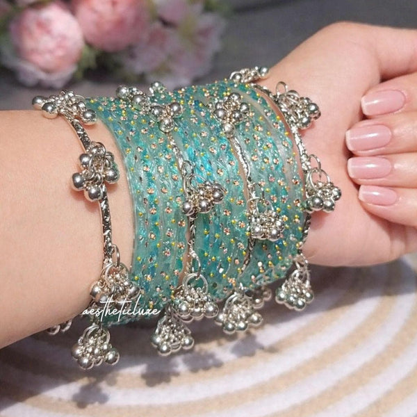 Turquoise Kashmiri Ghungroo Bangles Set | Ghungroo Silver Bangles | Aqua Blue Glass Bridal Churiya |  Trending Bangles