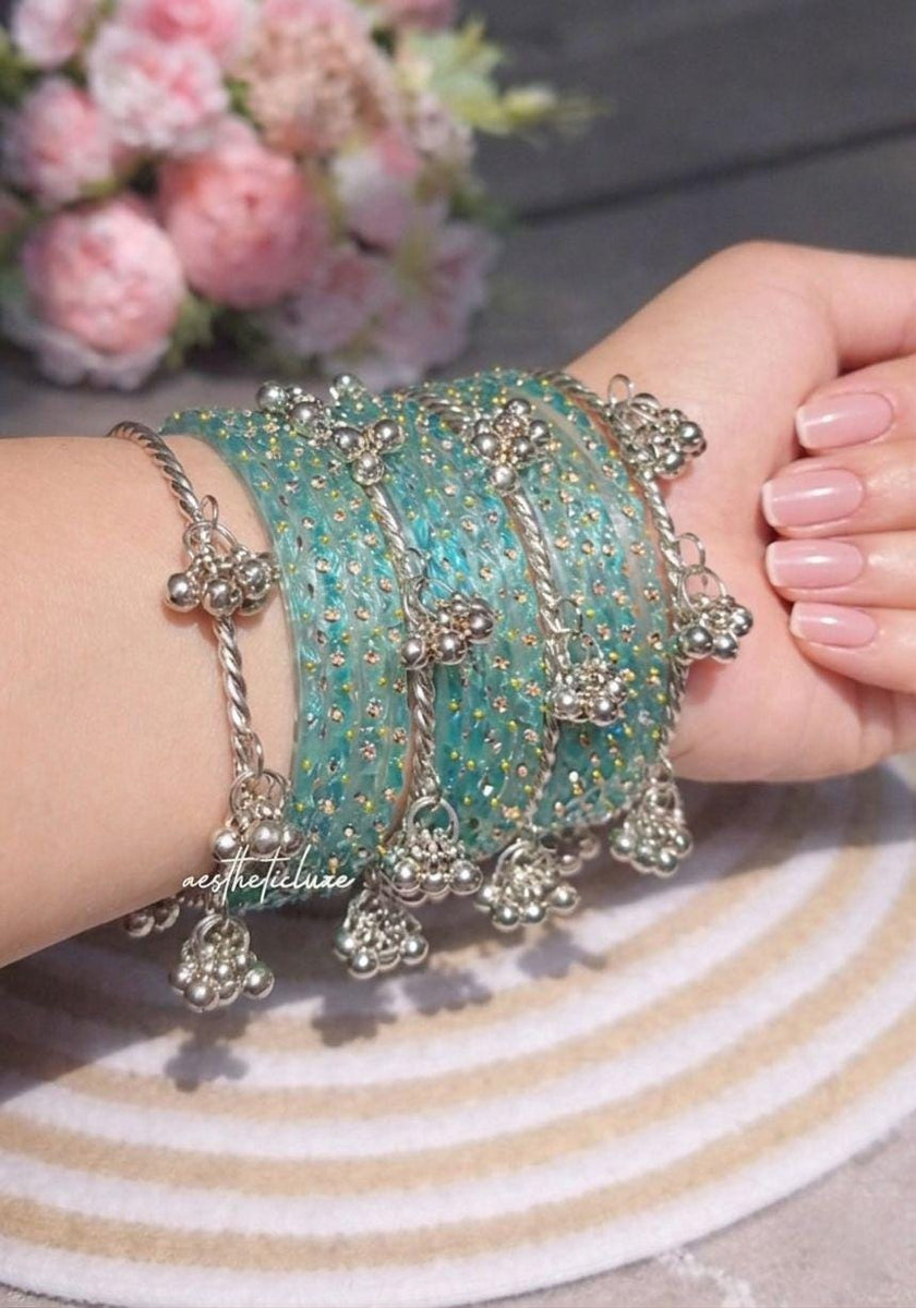 Turquoise Kashmiri Ghungroo Bangles Set | Ghungroo Silver Bangles | Aqua Blue Glass Bridal Churiya |  Trending Bangles
