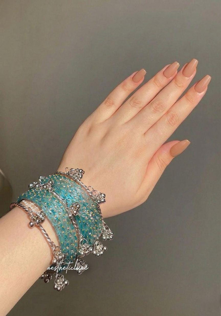 Turquoise Kashmiri Ghungroo Bangles Set | Ghungroo Silver Bangles | Aqua Blue Glass Bridal Churiya |  Trending Bangles