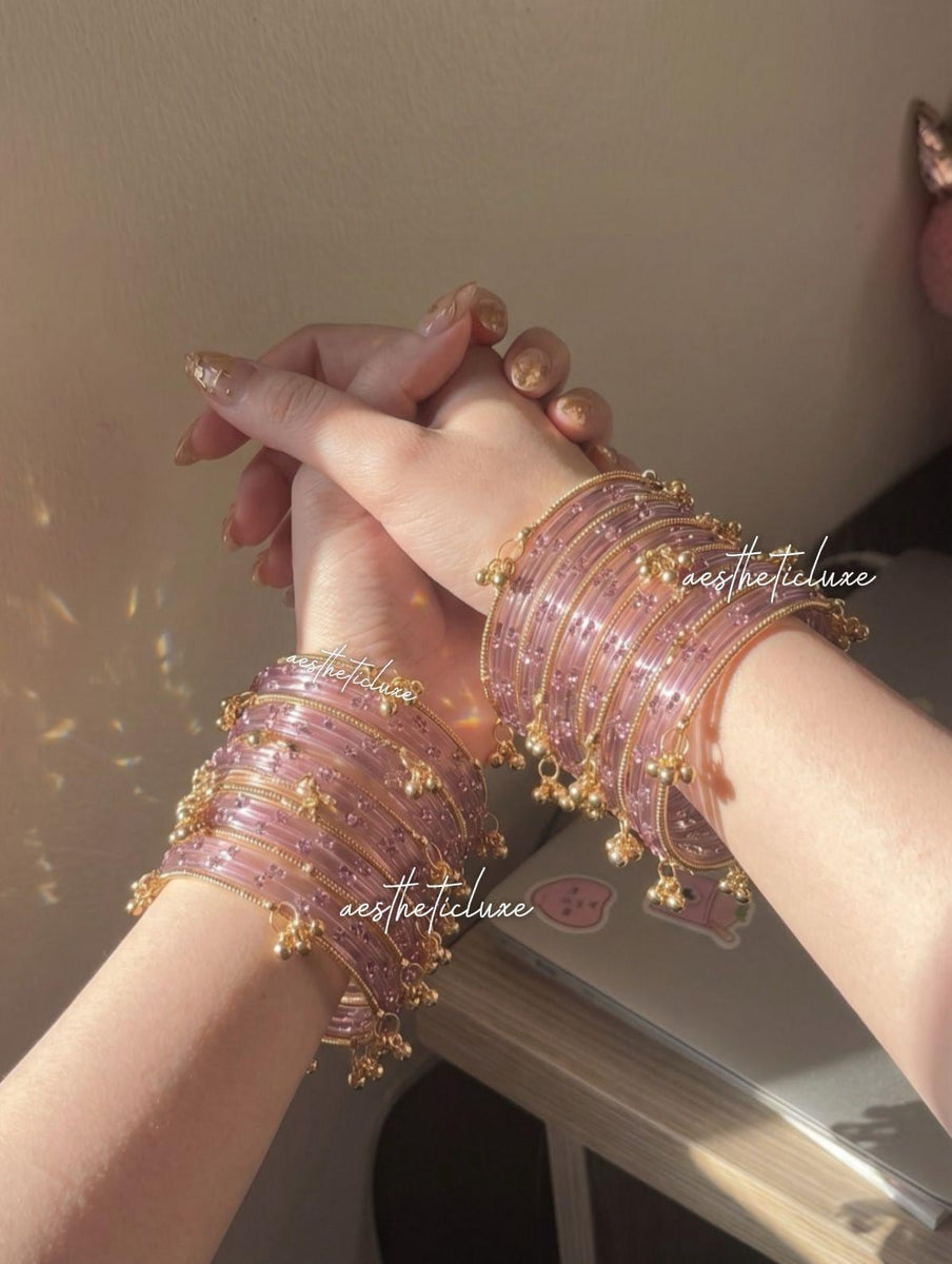 Pink Kashmiri Ghungroo Bangles Set | Bridal Churiya | Gold and Silver Ghungroo Bangles | Trending Pink Glass Raindrop Bangles