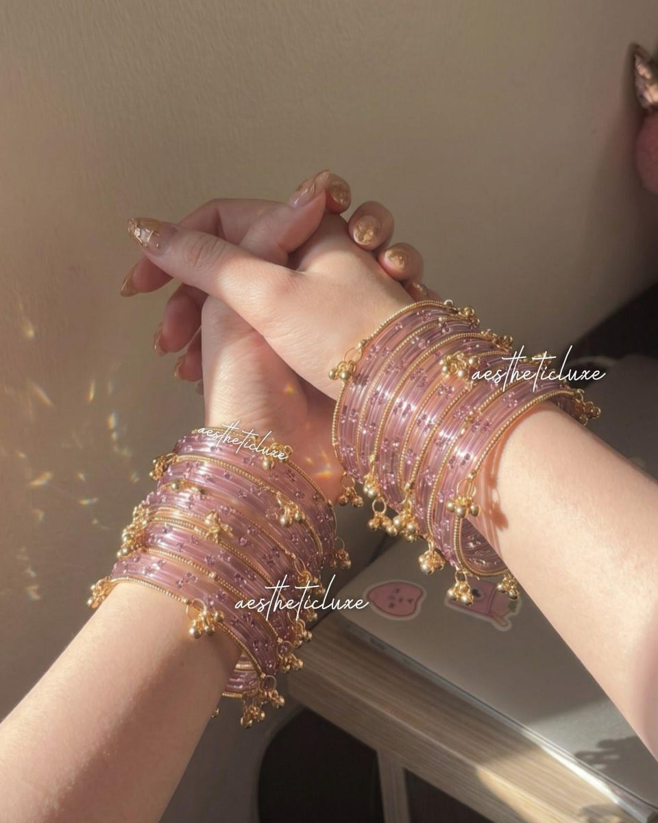 Pink Kashmiri Ghungroo Bangles Set | Bridal Churiya | Gold and Silver Ghungroo Bangles | Trending Pink Glass Raindrop Bangles