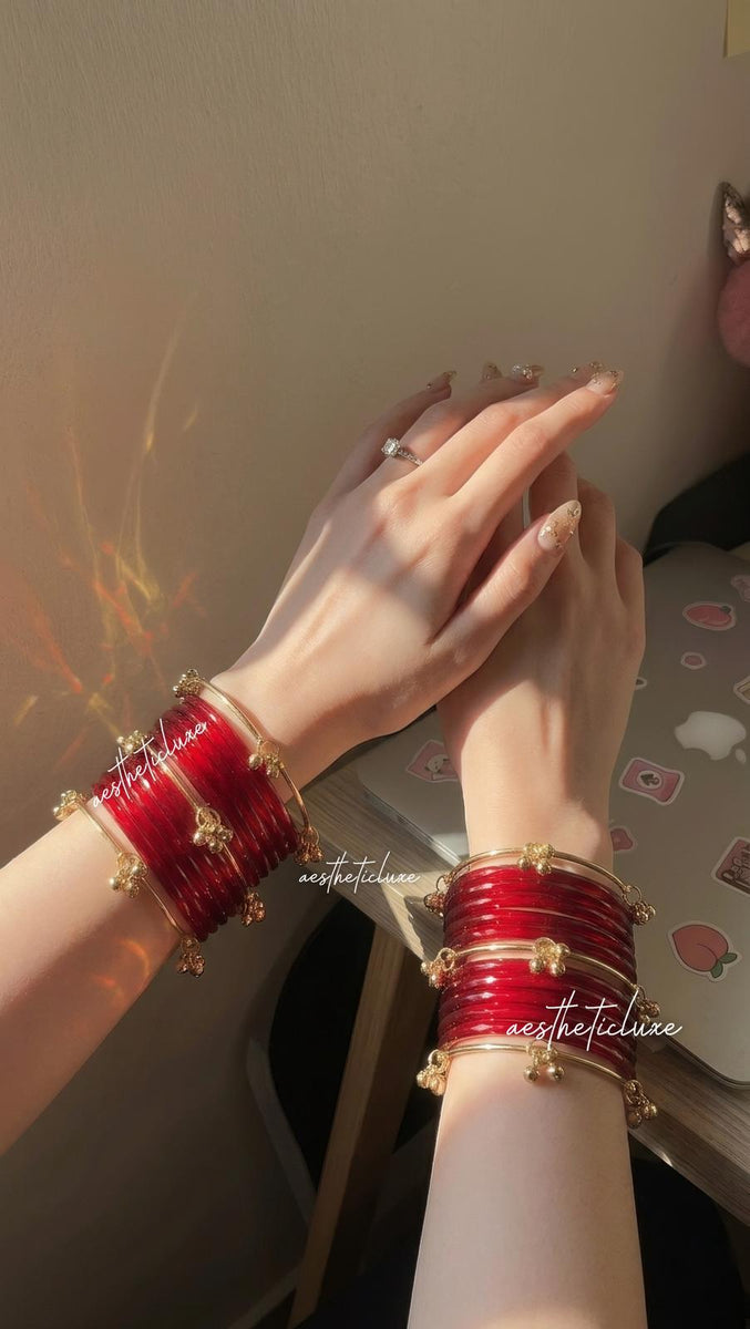 Red Jelly Glass Bangles | Red Jelly Bangles Set | Kashmiri Gold Ghungroo Bangles | Cherry Red Glass Bangles  | Water Bangles