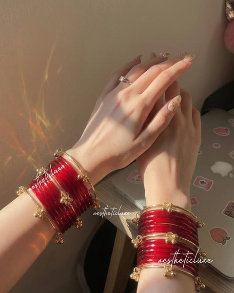 Red Jelly Glass Bangles | Red Jelly Bangles Set | Kashmiri Gold Ghungroo Bangles | Cherry Red Glass Bangles  | Water Bangles