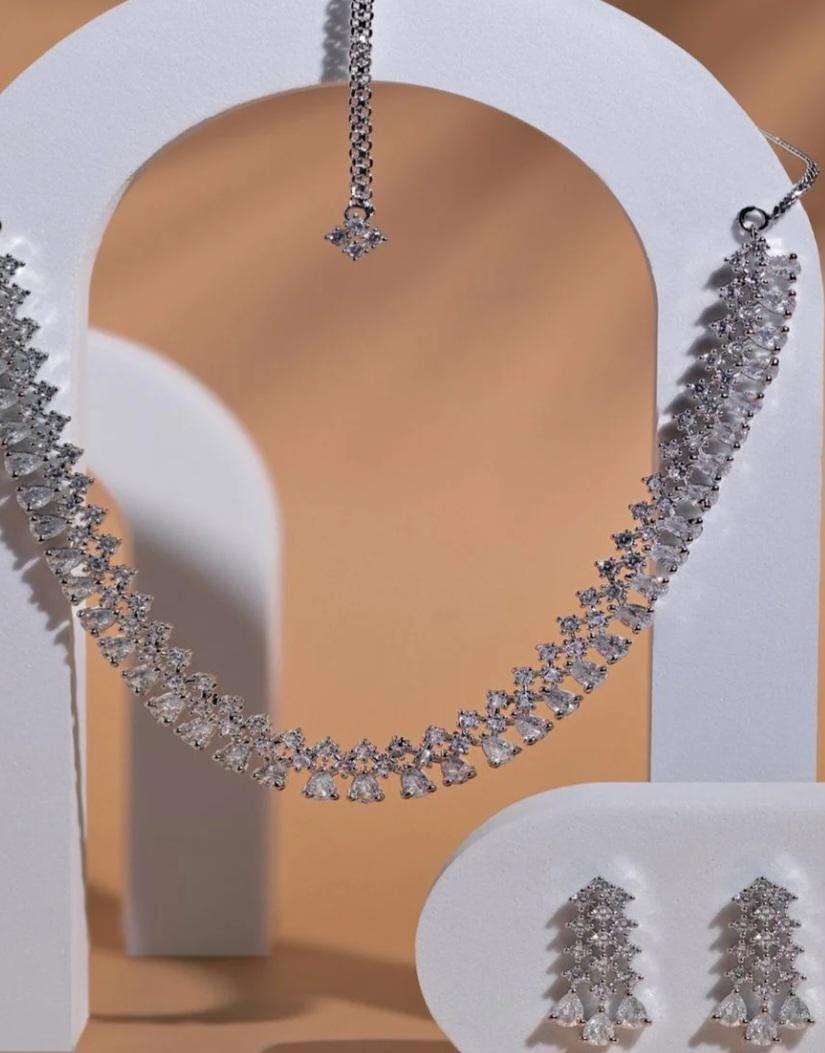 Crystal Bridal Necklace Set, Silver Statement Necklace with Earrings, Wedding Jewelry Set, Cubic Zirconia Choker, Bridal Accessories
