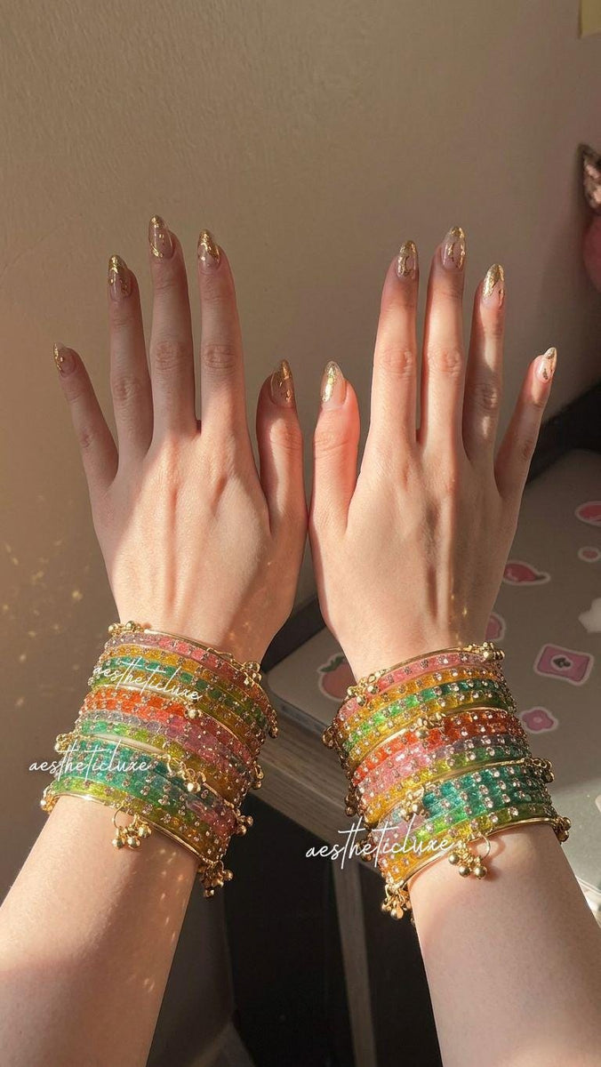 Rainbow Glass Bangles Set | Kashmiri Gold Ghungroo Bangles  | Multicolor Glass Bridal Bangles | Rose Pattern Raindrop Bangle