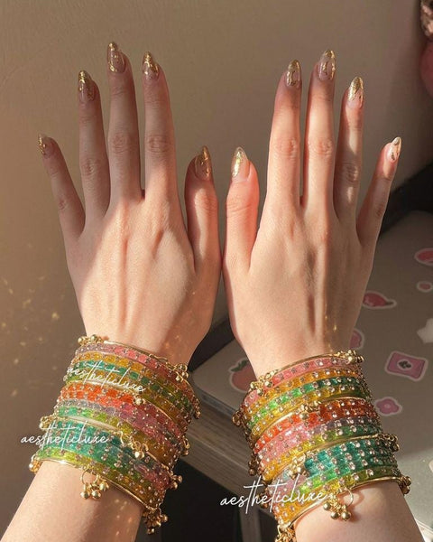Rainbow Glass Bangles Set | Kashmiri Gold Ghungroo Bangles  | Multicolor Glass Bridal Bangles | Rose Pattern Raindrop Bangle