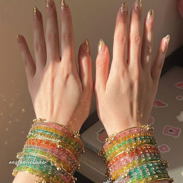 Rainbow Glass Bangles Set | Kashmiri Gold Ghungroo Bangles  | Multicolor Glass Bridal Bangles | Rose Pattern Raindrop Bangle