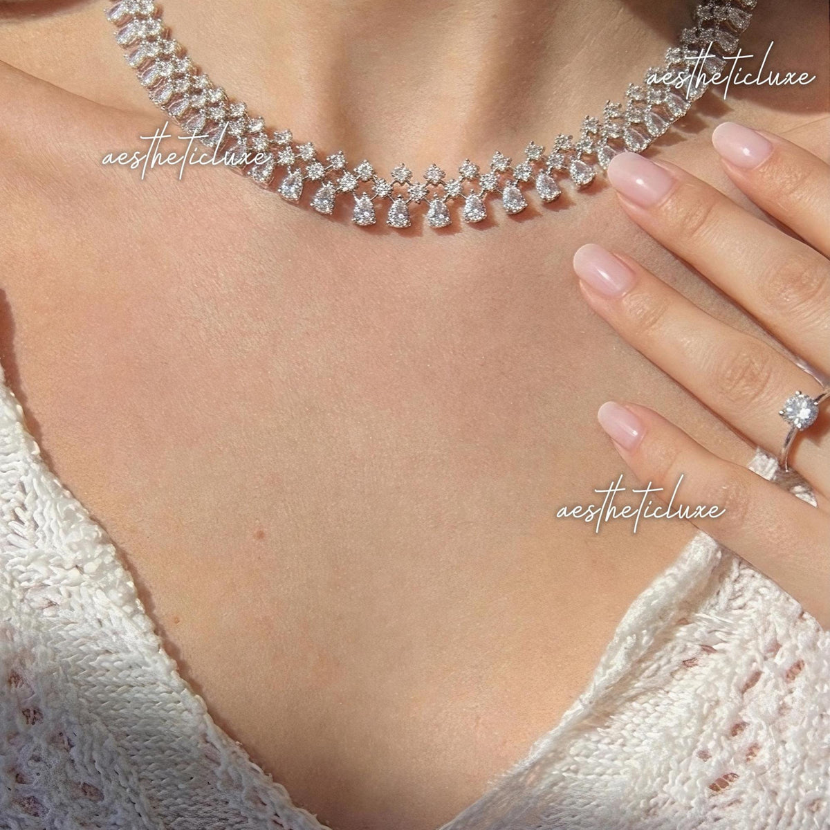 Crystal Bridal Necklace Set, Silver Statement Necklace with Earrings, Wedding Jewelry Set, Cubic Zirconia Choker, Bridal Accessories