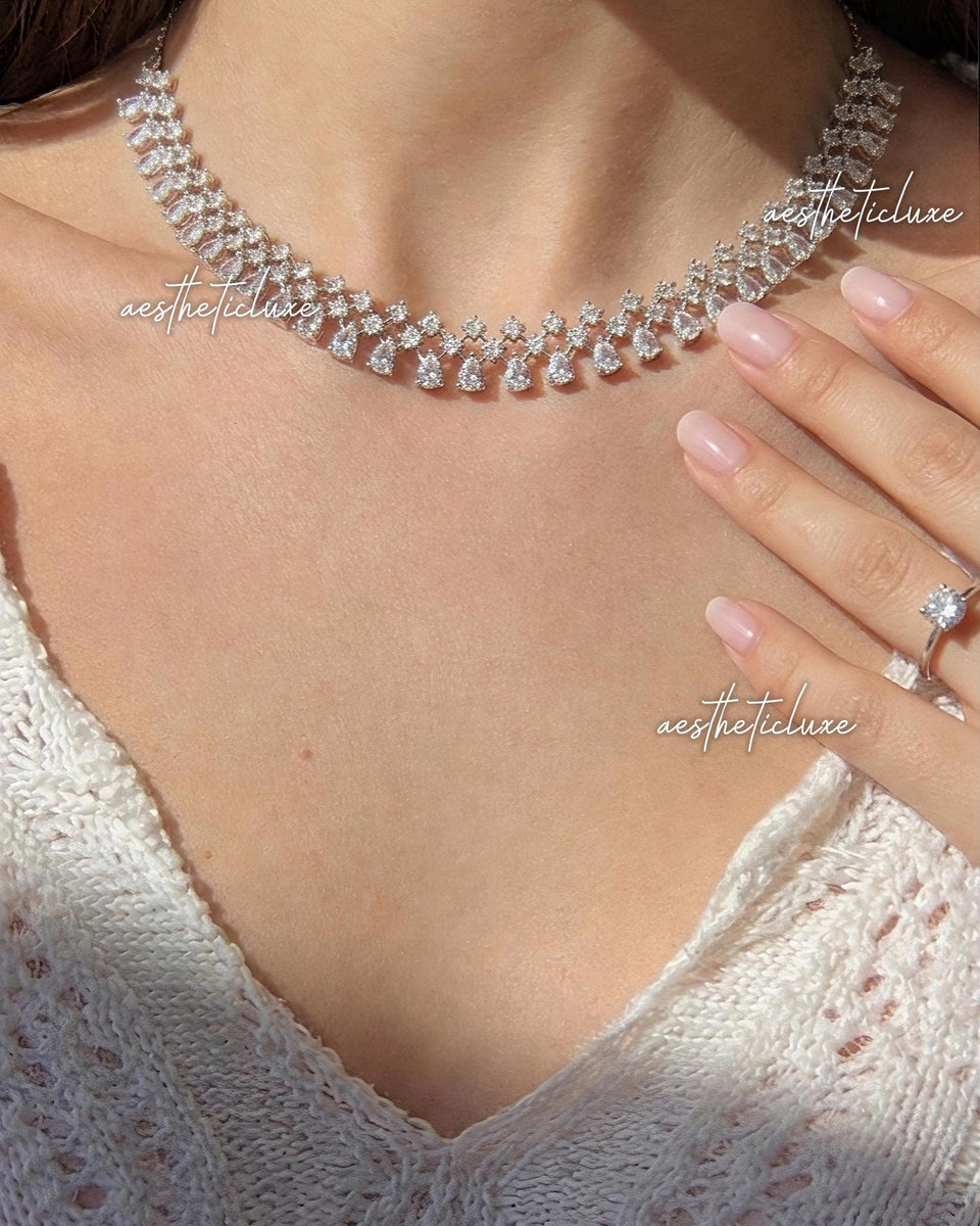 Crystal Bridal Necklace Set, Silver Statement Necklace with Earrings, Wedding Jewelry Set, Cubic Zirconia Choker, Bridal Accessories