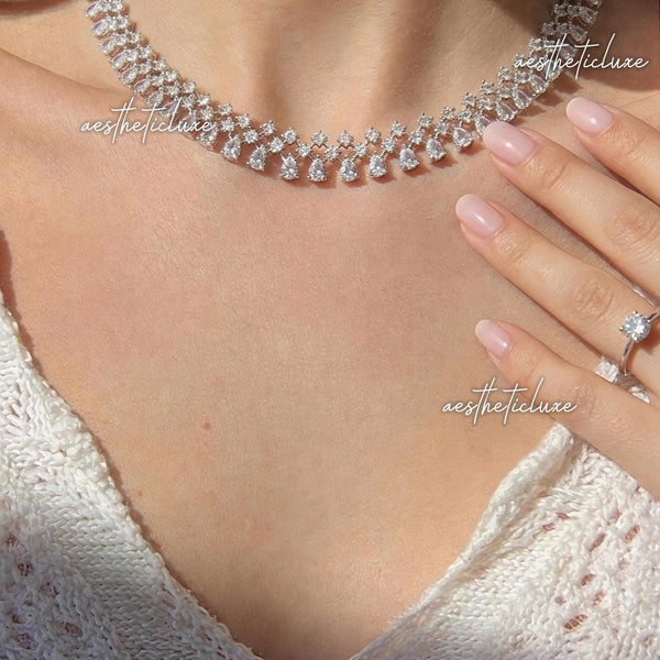 Crystal Bridal Necklace Set, Silver Statement Necklace with Earrings, Wedding Jewelry Set, Cubic Zirconia Choker, Bridal Accessories